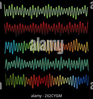 Ensemble de vecteurs d'ondes sonores. EGALISEUR audio. Ondes sonores et audio isolées sur fond noir. Illustration de Vecteur