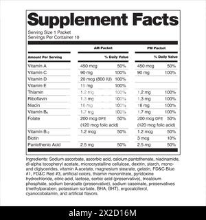 FDA Nutrition Supplément Facts étiquettes d'étiquetage multiples vitamines dans les paquets comprend la liste volontaire de la vitamine d dans les IU Illustration de Vecteur