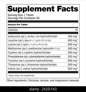 FDA Nutrition Supplement Facts étiquetage étiquettes complément alimentaire d'acides aminés Illustration de Vecteur
