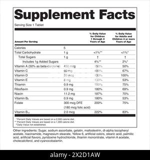 FDA Nutrition Supplément Facts étiquettes d'étiquetage multiples vitamines pour les enfants et les adultes exclut portions par contenant qui est indiqué dans le qu net Illustration de Vecteur