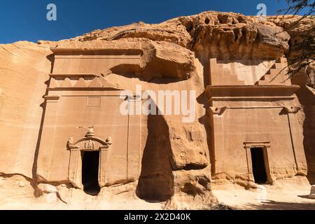 Al Ula, Arabie Saoudite : les tombeaux amous de la civilisation nabatéenne, Al-Ula étant leur deuxième plus grande ville après Pétra, sur le site de Madain Saleh en th Banque D'Images