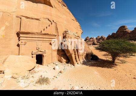 Al Ula, Arabie Saoudite : les tombeaux amous de la civilisation nabatéenne, Al-Ula étant leur deuxième plus grande ville après Pétra, sur le site de Madain Saleh en th Banque D'Images