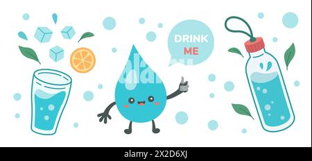 Boire plus de concept d'eau, boire de l'eau dans le verre, bouteille. Goutte d'eau caractère Kawaii montrant les pouces vers le haut. Style de dessin animé, habitudes quotidiennes correctes, rituels matinaux. Zéro déchet. Illustration vectorielle. Illustration de Vecteur