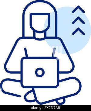 Femme travaillant à l'ordinateur portable avec des flèches derrière elle. Évolution de carrière et réussite dans les emplois éloignés. Icône Pixel Perfect Illustration de Vecteur