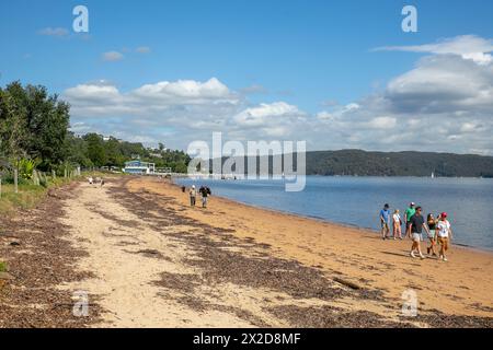 Banlieue de Palm Beach à Sydney, les gens marchent le long de Station Beach à côté de Pittwater Bay après avoir visité le phare de Barrenjoey, Sydney, Nouvelle-Galles du Sud, Australie Banque D'Images