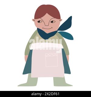 Femme naine en vêtements verts, foulard et tablier. Illustration vectorielle pour l'emballage, les cartes de voeux et le papier d'emballage, cadeaux, affiches. Illustration de Vecteur