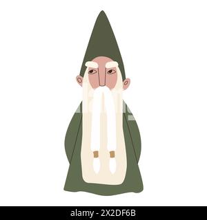 Un vieux nain sage avec une très longue barbe blanche, décoré d'épingles à cheveux dorées, portant un bonnet pointu et une robe verte. Assistant. Druide. Vecteur Illustration de Vecteur
