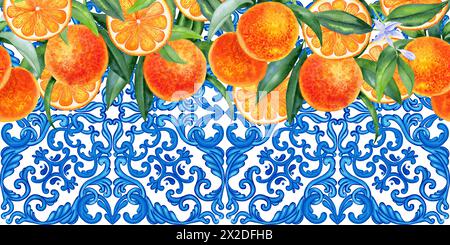 Fruit orange sur les branches avec des feuilles et un motif horizontal sans couture de maolica sicilienne. Bordure peinte à la main avec des agrumes orange et tr Banque D'Images