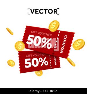 3d couple de coupons rouges avec pourcentage de code promotionnel avec des pièces d'or. Cadeau spécial avec coupons ou coupons. Bon cadeau et modèle de pièce d'or. illustration vectorielle 3d. Illustration vectorielle Illustration de Vecteur