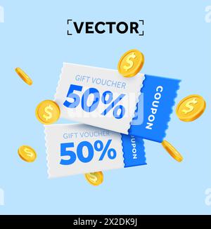 3d couple de coupons promotionnels avec code coupon, pièces d'or. Cadeau spécial avec coupons ou coupons, pourcentage de réduction. Modèle de bon-cadeau et d'enseigne de pièce de monnaie en or. illustration vectorielle 3d. Illustration vectorielle Illustration de Vecteur