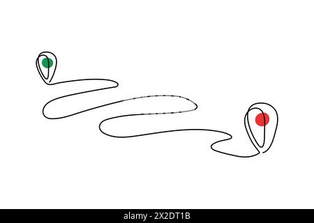 Dessin continu d'une ligne de la vue de la carte en zone urbaine. Broches simples sur le chemin entre deux points dans un style linéaire mince. Navigation GPS et voyage Conce Illustration de Vecteur