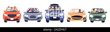 Les gens conduisant des voitures. Hommes et femmes dans les automobiles. Conducteurs accompagnés d'un passager ou d'un compagnon de voyage. Vue avant du véhicule. Déclenchement automatique. Trafic routier urbain Illustration de Vecteur