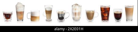 Ensemble de différentes boissons de café dans des tasses et des verres sur fond blanc Banque D'Images