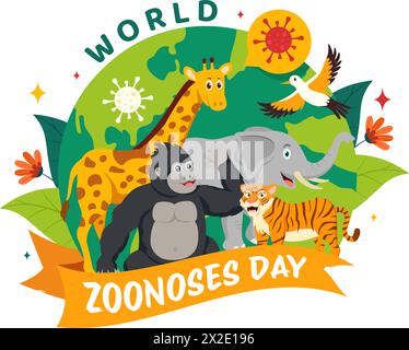 World zoonoses Day illustration vectorielle le 6 juillet avec divers animaux et plantes qui est dans la forêt à protéger dans Flat Cartoon fond Design Illustration de Vecteur