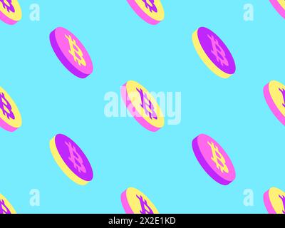 Modèle sans couture avec des pièces avec le symbole Bitcoin. 3D Bitcoin coin dans les couleurs rose, jaune et violet. Crypto-monnaie Bitcoin, crypto-trading. Conception de Illustration de Vecteur