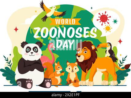 World zoonoses Day illustration vectorielle le 6 juillet avec divers animaux et plantes qui est dans la forêt à protéger dans Flat Cartoon fond Design Illustration de Vecteur