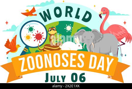 World zoonoses Day illustration vectorielle le 6 juillet avec divers animaux et plantes qui est dans la forêt à protéger dans Flat Cartoon fond Design Illustration de Vecteur