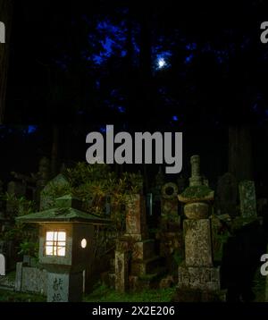 Promenade nocturne atmosphérique dans le cimetière du mont Koyasan, site du patrimoine mondial de l'UNESCO, Japon. Banque D'Images