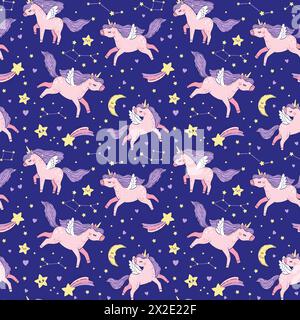 Vecteur modèle sans couture de licornes magiques roses sur le ciel étoilé. Illustration dessinée à la main d'une licorne, d'une constellation et d'un croissant de lune sur l'obscurité Illustration de Vecteur