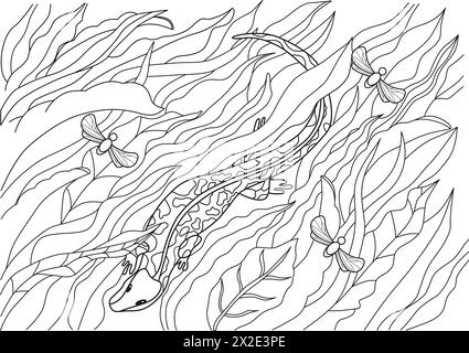 Lézard dans la page de coloration de l'herbe , dessiné à la main pour la relaxation et le soulagement du stress. Livre de coloriage pour adultes avec des griffonnages, des éléments de design. Banque D'Images