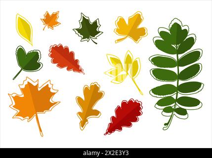 Ensemble de feuilles d'automne colorées avec cadre. Isolé sur fond blanc. Style plat de dessin animé simple. Illustration vectorielle. Banque D'Images