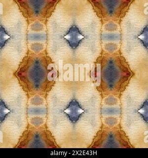 Motif sans couture à l'aquarelle teinte au noeud. Imprimé ikat sans fin dessiné à la main dans des couleurs terreuses. Ornement traditionnel tribal dans le style boho. Flux naturel de peinture Banque D'Images