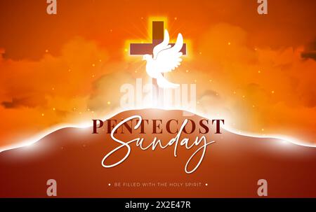 Pentecôte dimanche Christian Holiday illustration avec White Flying Dove et Croix sur fond rouge. Vector Holy Spirit Biblical Whitsunday Celebration Illustration de Vecteur