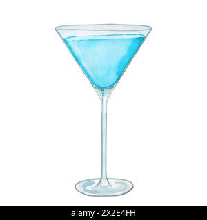 Cocktail ange bleu dans un gobelet en verre illustration aquarelle. Boisson alcoolisée dessinée à la main sur fond isolé. Pour le menu et la barre. Banque D'Images