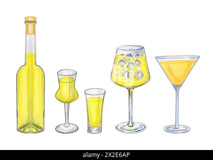 Limoncello liqueur dans une bouteille et verres ensemble d'illustrations aquarelle. Liqueur alcoolisée italienne traditionnelle faite maison à base de citrons. Buvez dedans Banque D'Images