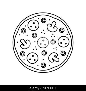 Vector champignon entier savoureux pizza fast food avec salami, fromage et champignon, service de livraison fast food. Esquisser avec style de contour. Esquisse de contour activée Banque D'Images