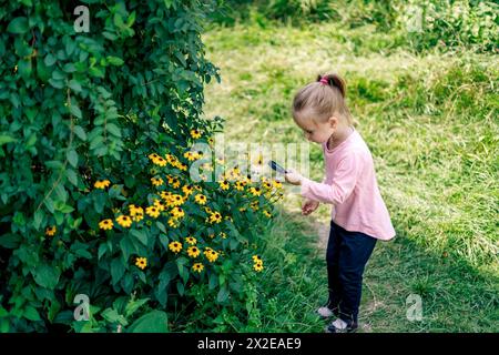 Un enfant examine une fleur sous une loupe Banque D'Images