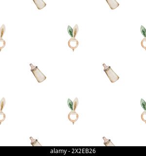 Motif sans couture de jouets pour bébés. Illustration dessinée à la main sur fond isolé dans des couleurs pastel. Bouteille de lait de style boho et chewer pour les nouveau-nés. Pour Banque D'Images