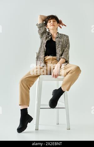 Une femme d'âge moyen aux cheveux courts, vêtue d'une tenue élégante, s'assoit sur un tabouret posant gracieusement pour un portrait. Banque D'Images