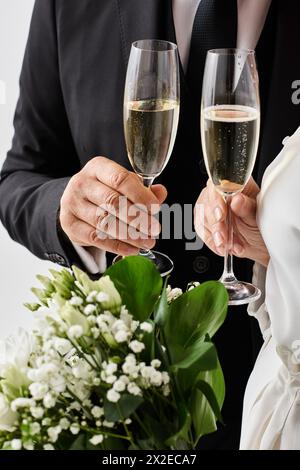 Les mariés et les mariés d'âge moyen en tenue de mariage élèvent joyeusement des flûtes à champagne dans la célébration. Banque D'Images