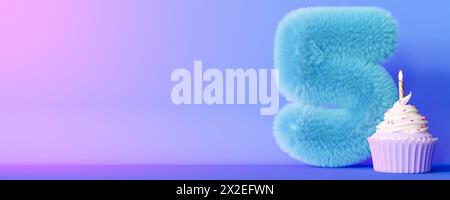 Numéro cinq moelleux ludique et cupcake avec bougie d'anniversaire sur fond dégradé. Symbole 5. Cinquième anniversaire. Événement festif pour les enfants. Dynamique Banque D'Images