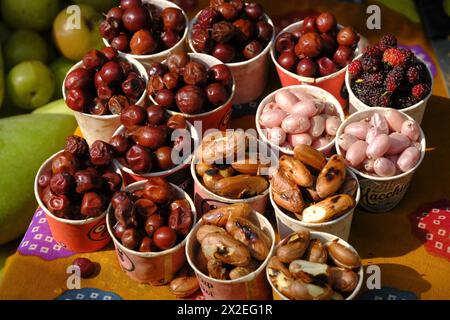 Les gens locaux vendant de la ranmeva à la nourriture de la forêt de Mahabaleshwar le vrai goût de la nature, myrtille, fraises rouges, baies, betteraves, groseille indienne Banque D'Images