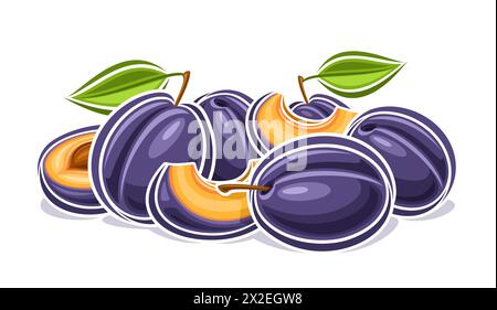 Logo vectoriel pour Plum, affiche horizontale décorative avec illustration de contour de la composition de prune avec des feuilles vertes sur la tige, impression de dessin animé avec Illustration de Vecteur