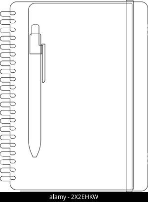 Dessin au trait continu simple d'un cahier avec un stylo au-dessus du bureau de travail. Bloc-notes et crayon vecteur d'une ligne Illustration de Vecteur