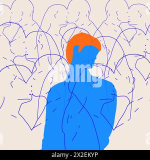 Collage d'art contemporain. Figure bleue contre toile de fond de silhouettes bleues interconnectées de couples amoureux sur fond beige. Illustration de Vecteur