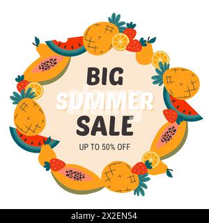 Bannière dessinée à la main pour la vente d'été. Conception vectorielle colorée avec des fruits tropicaux. Illustration de Vecteur