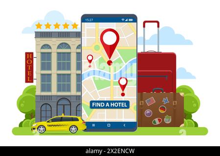Concept isométrique de réservation d'hôtel en ligne. Achat de billet avec smartphone. Les personnes réservant hôtel et recherchant les réservations pour les vacances. Smartphone Maps gps Illustration de Vecteur