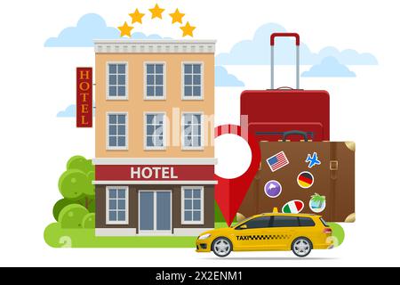 Concept isométrique de réservation d'hôtel en ligne. Achat de billet avec smartphone. Les personnes réservant hôtel et recherchant les réservations pour les vacances. Smartphone Maps gps Illustration de Vecteur