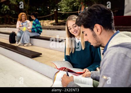 Groupe diversifié d'étudiants se trouvant dans l'apprentissage du campus ensemble. Banque D'Images