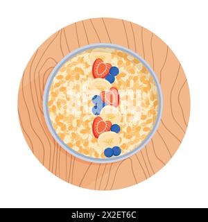 Flocons d'avoine dans un bol sur planche de bois isolé sur fond blanc. Flocons d'avoine avec fraises, bleuets et bananes. Porridge avoine, vue de dessus. En bonne santé Illustration de Vecteur