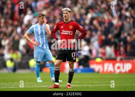 Alejandro Garnacho, de Manchester United, réagit lors de la demi-finale de la Coupe de football Emirates FA au stade de Wembley, à Londres. Date de la photo : dimanche 21 avril 2024. Banque D'Images