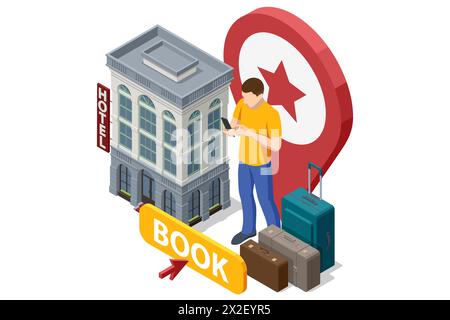 Concept de réservation d'hôtel en ligne isométrique. Personnages planifiant un voyage et choisissant une destination. People Booking Hôtel et Rechercher réservation pour vacances Illustration de Vecteur