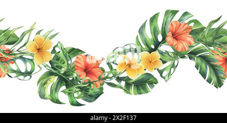 Feuilles de palmier tropical, monstera et fleurs de plumeria, hibiscus, vif juteux. Illustration botanique à l'aquarelle dessinée à la main. La bordure transparente est Banque D'Images