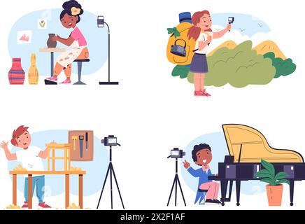 Blogueurs pour enfants. Contenu de création de blogueurs adolescents, bloguant des enfants, jeune influenceur garçon et fille enregistrant des histoires vidéo ou vlog fait main sur la caméra de smartphone, illustration vectorielle chic des enfants blogueurs Illustration de Vecteur