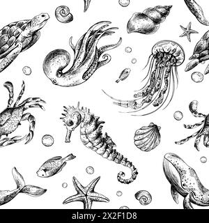 Clipart du monde sous-marin avec des animaux de mer baleine, tortue, poulpe, hippocampe, étoile de mer, coquillages, corail et algues. Illustration graphique dessinée à la main Illustration de Vecteur