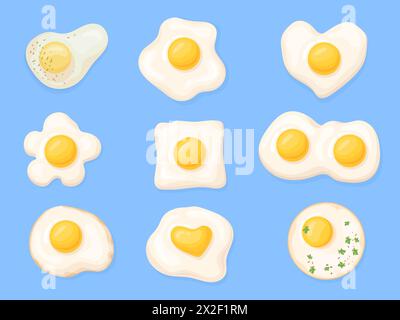 Formes d'oeufs frits. Icônes d'omelette, oeuf de poulet frit côté ensoleillé vers le haut de cercle d'omelette coeur différentes formes avec des herbes et du jaune d'oeuf, dessin animé biologique de repas de petit déjeuner illustration vectorielle soignée Illustration de Vecteur